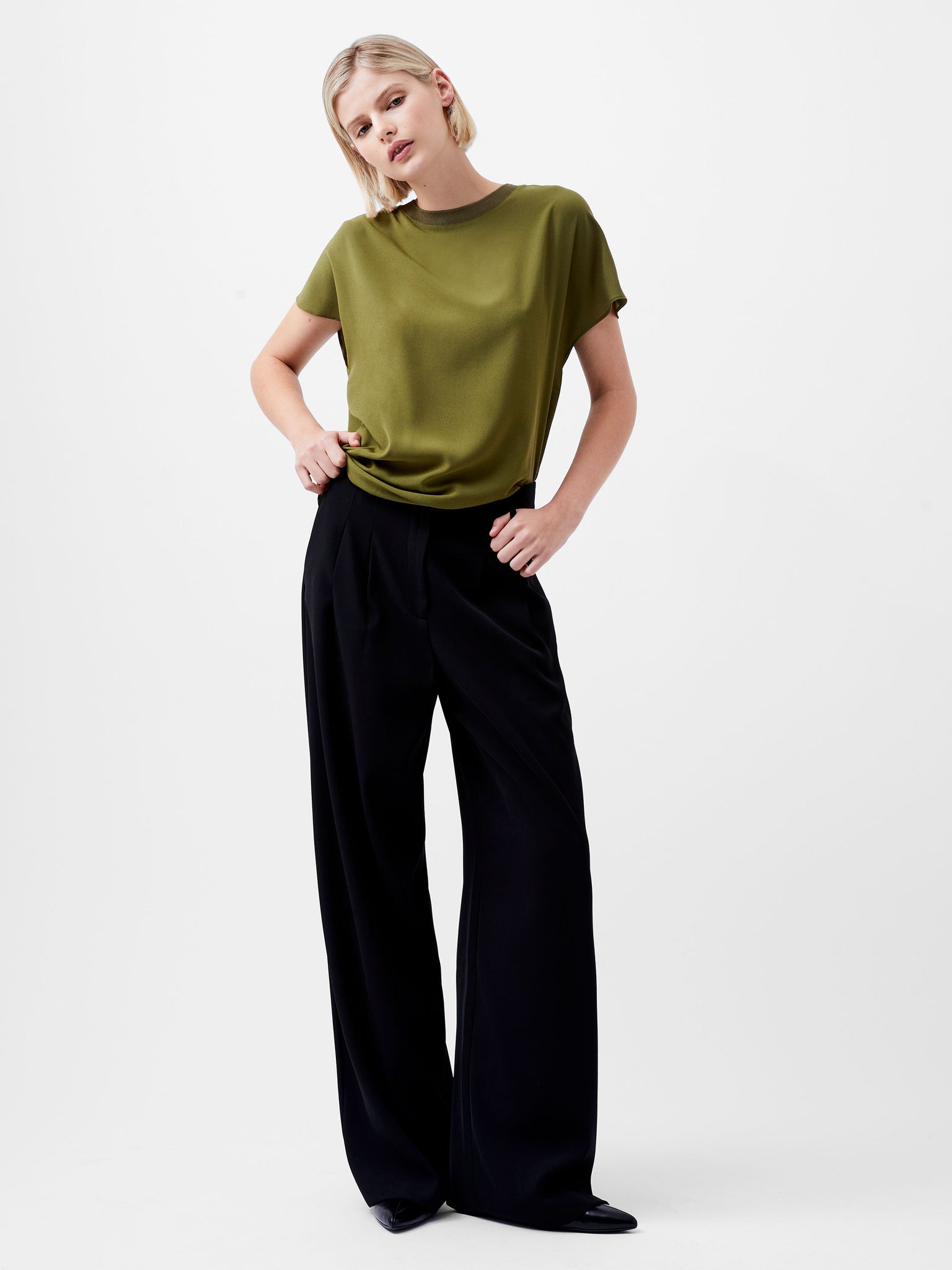 Crepe Light Crew Neck Top Khaki | French Connection