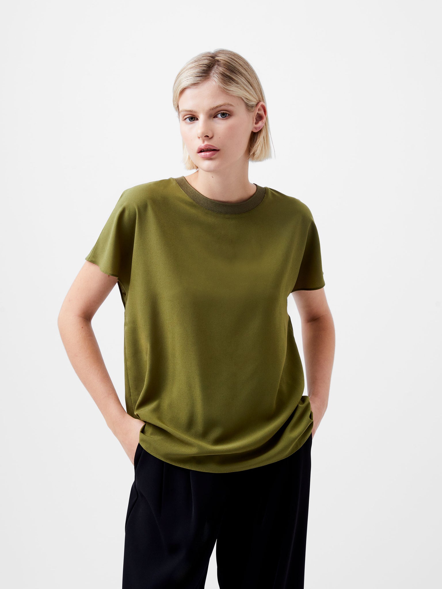 Crepe Light Crew Neck Top Khaki | French Connection