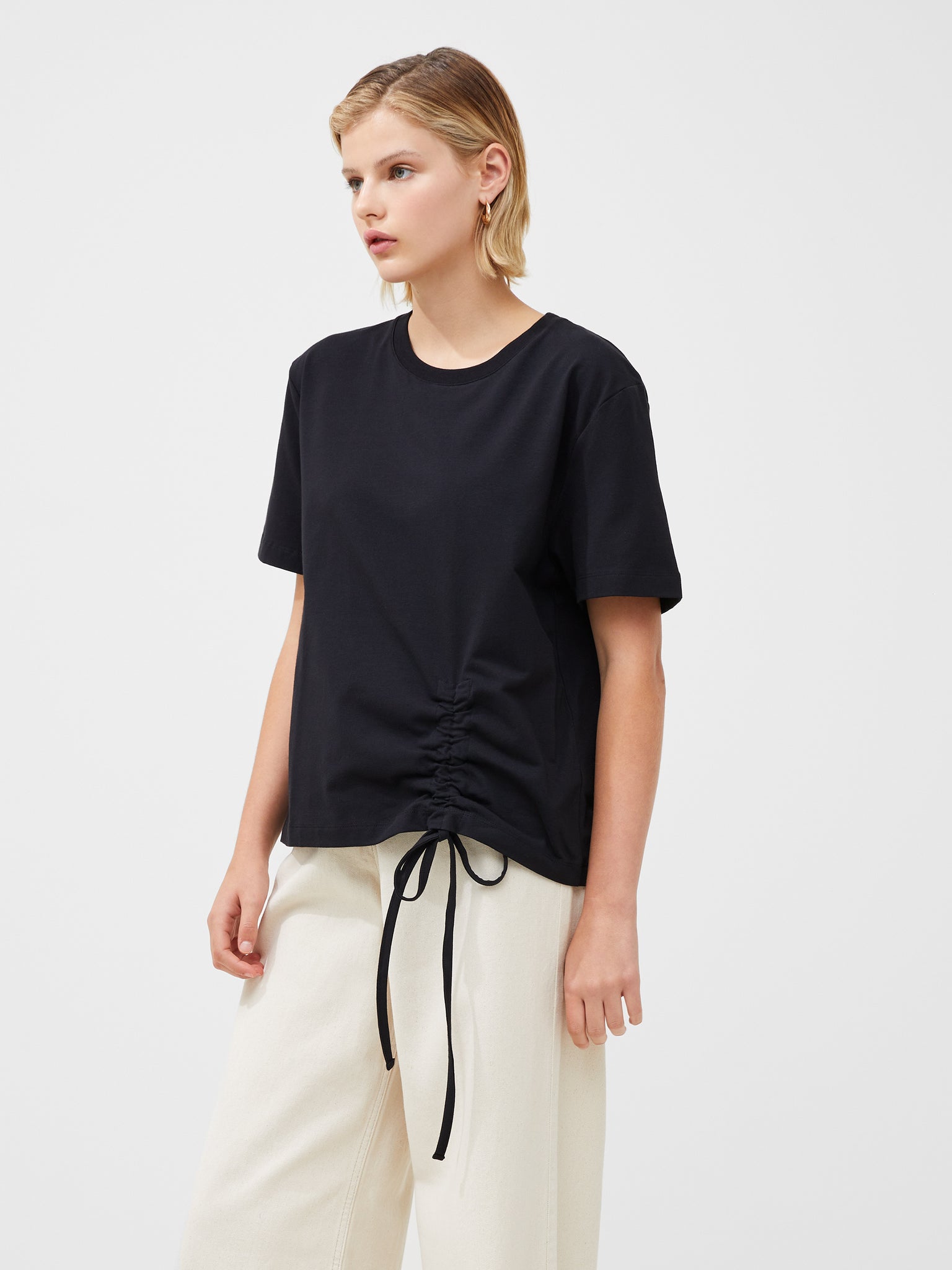 Rallie Cotton Rouched T-Shirt Black | French Connection