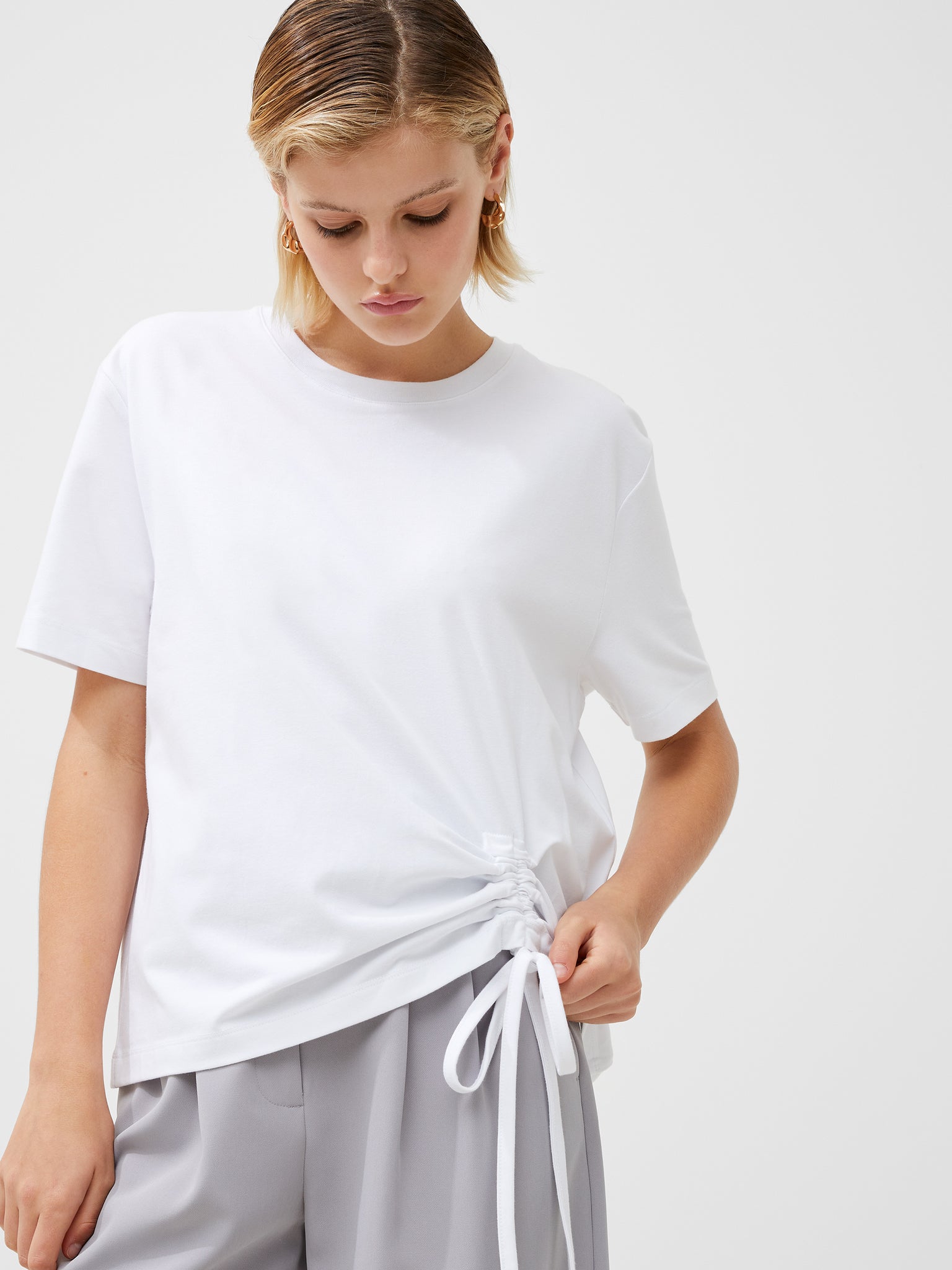 Rallie Cotton Rouched T-Shirt White | French Connection